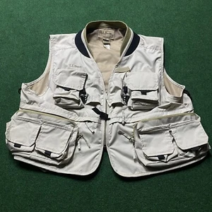 Vintage L.L. Bean Fishing Vest Mens 2XL Beige Mesh Utility Fly Pockets Full Zip - Picture 1 of 7