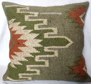 Green Natural Jute Kilim Cushion Cover Handmade Throw 18x18" Square Pillow Case - Picture 1 of 5