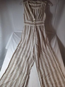 THE CLOTHING COMPANY Striped Linen Blend Jumpsuit Sz M Ivory Beige Pockets - Picture 1 of 10
