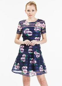 AX PARIS Semi Sheer Striped Floral Overlay Fit and Flare Skater Dress UK 10 £48 - Picture 1 of 3