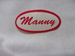 MANNY  USED ALL SILK SCREEN  SEW ON NAME PATCH TAGS OVAL RED ON WHITE - Picture 1 of 2