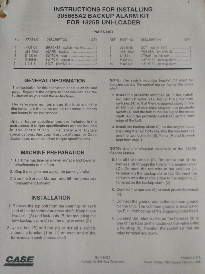 Case Instructions For Installing Backup Alarm Kit For 1825B Uni-Loader - Image 1 of 1