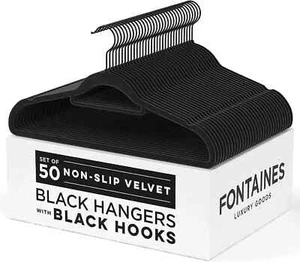 Black Velvet Felt Non Slip Clothes Hangers 50 Pack - Ultra Slim & Space Saving - Picture 1 of 6