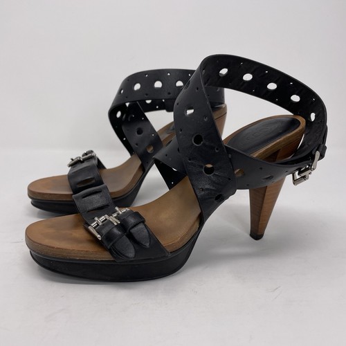 TOD’S TODS sandali con cinturino donna 37 US 7 pelle nera cinturino alla caviglia legno tacco 4"