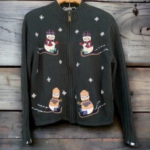 Suéter Vintage Tejido Feo Navidad Cremallera Mujer’s Talla L Muñeco de Nieve Copos de Nieve - Imagen 1 de 7