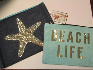 "Beach Life" and Starfish Sequin Design Jute Zip Cases, Set of 2, NWT - Picture 1 of 4