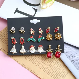 Christmas Earrings 6-piece Set Elk Gift Stick Bow Hat Tree Old Man Alloy X740 - Picture 1 of 17