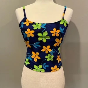 Vintage 90s Crop Top Neon Hawaiian Floral Spaghettiträger Top Size 10. Regal BH - Bild 1 von 7