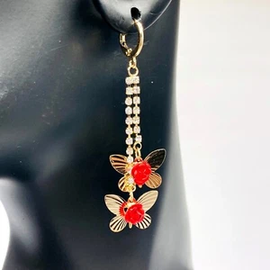 14k Gold Plated Butterfly 3D Red Flower Hoop Drop Dangle Earrings Rose Earrings - Picture 1 of 6