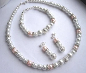 Set Collana Perla Vetro Set Gioielli Sposa Damigella d'Onore Matrimonio Placcato Argento - Foto 1 di 9