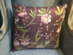 Stunning Anke Drechsel floral embroidered silk cushion in deep damson rich plum - Picture 1 of 19