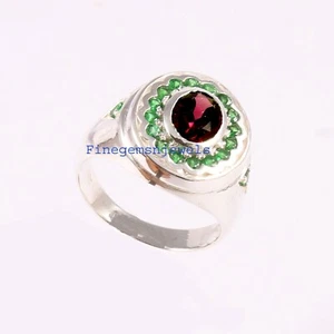 Natural Garnet & Tsavorite Gemstones with 925 Sterling Silver Ring For Men's #43 - Picture 1 of 4