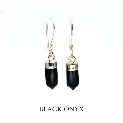 Pencil Point Black Onyx Dangles Sterling Silver Plated Brass Handmade Earrings - Image 1 of 4