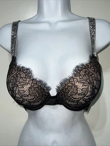 Victoria Secret Bra 36B Push Up Black Lace Shine Strap Very Sexy Underwire - Picture 1 of 16