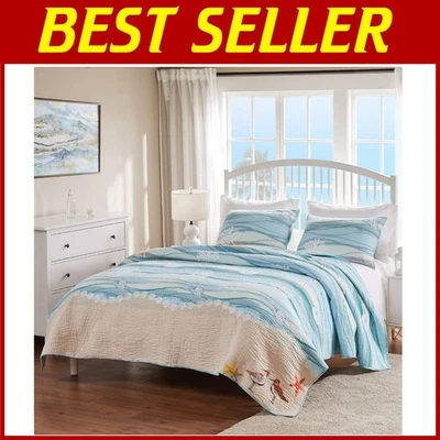 Maui Coastal Quilt Set - Embroidered Beach Design, Full/Queen 3-Piece Set - Image 1 of 4