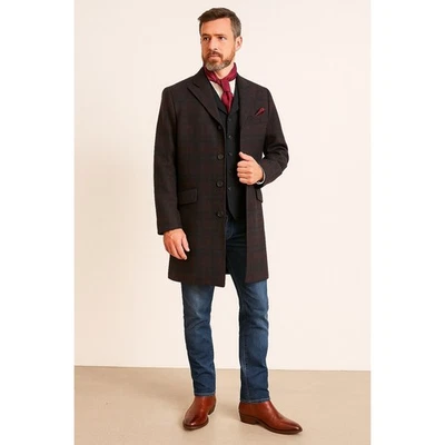 New Frontier Men’s Town Coat Burgundy Plaid Wool Long Jacket USA Western 50 - Image 1 of 4