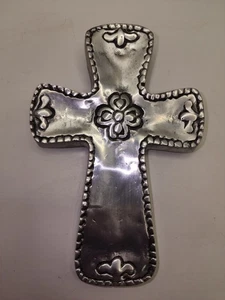 Ornate Silver White Cast Metal Cross Wall Mount Floral Glossy Design 3x5" - Picture 1 of 7