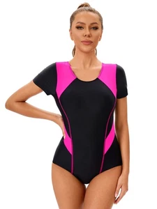 iiniim Damen Badeanzug Sport Bademode Einteiler Farbblock Kurzarm Rashguard  - Picture 1 of 33