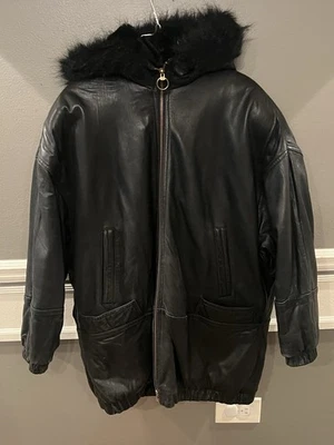Woman’s Faux Fur Trimmed Hooded 100% Leather Black Jacket size L Tannery West - Image 1 of 4