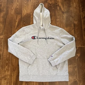 Champion Hoodie Herren L Sweatshirt Script Logo Grau Powerblend Pullover Tasche - Bild 1 von 5