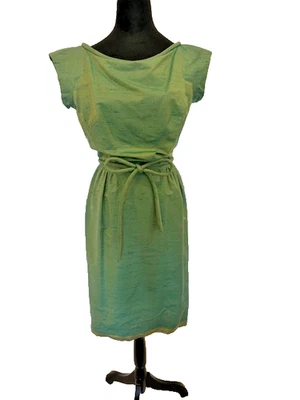 VINTAGE 1960s GOLDEN GREEN BOMBSHELL SILK COCKTAIL DRESS - Image 1 of 4