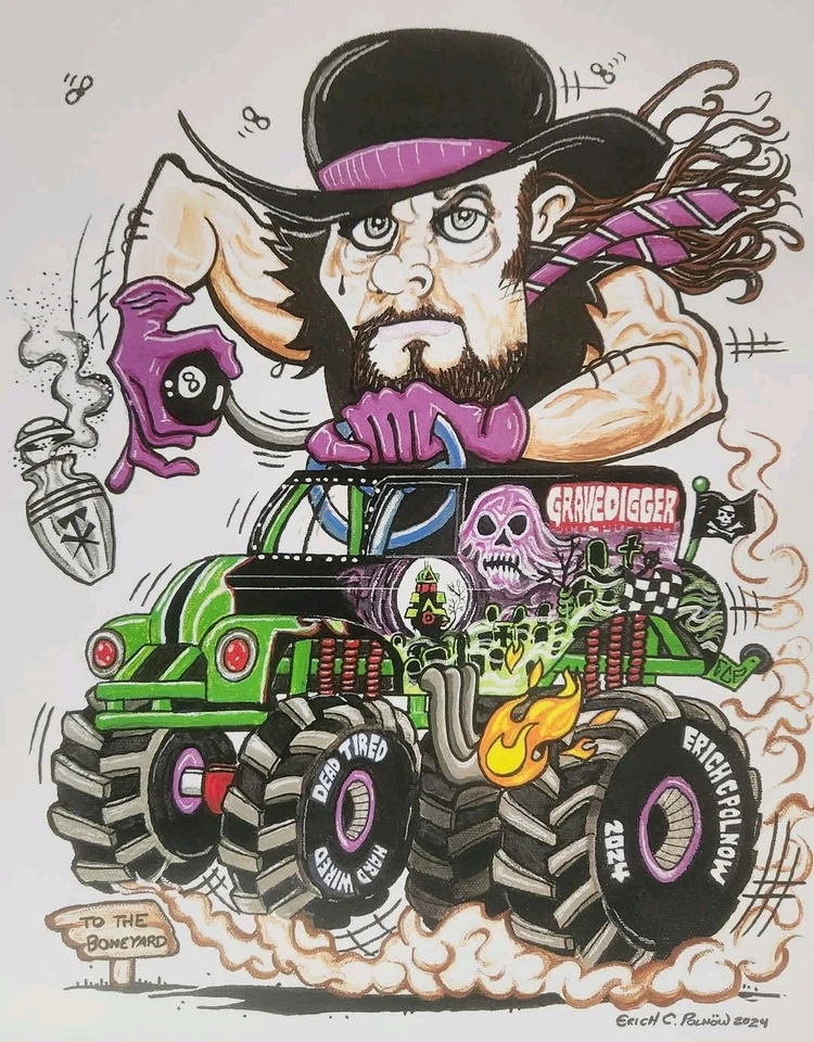 Obra de arte The Undertaker Gravedigger Wwe Wwf Monster Jam Truck impresión Rat Fink Toon Foto 1 de 1