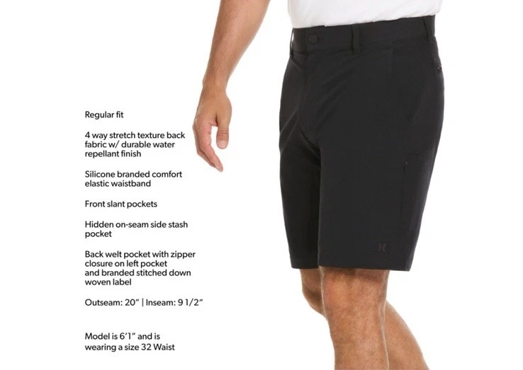 Hurley Mens Trek Hybrid Short Size 36 Waist 9.5” Inseam 20” Outseam Black