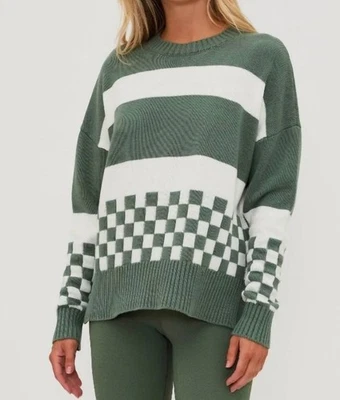 Suéter Para Mujer Verde y Blanco Racing Punk Geo Checker Gráfico Rayas Grande Foto 1 de 4