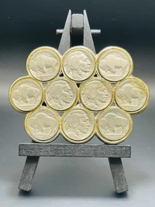 VINTAGE CUSTOM BUFFALO NICKEL BELT BUCKLE – HANDCRAFTED – 10 NICKELS – 4" x 2.75 - Picture 1 of 15