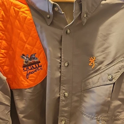 BROWNING Neon Orange khaki   Hunting Shooting Shirt Men's  Large  Quail Logo - Image 1 of 4