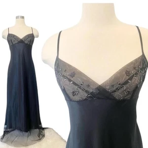 Black lace mesh maxi slip dress sheer lace overlay floral whimsy goth fairy vtg - Picture 1 of 5
