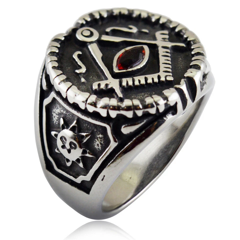Anillo de masón antiguo de acero inoxidable con incrustación de rubí talla 7-13 vintage para hombre Foto 1 de 4