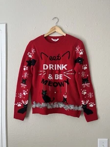 Weihnachtspullover Junior XL rote Katze "Eat Drink & Be Meowy" Bommel Rundhals - Bild 1 von 5