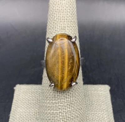 Anillo Ojo de Tigre Piedra Preciosa Ovalada Tono Plata Marrón Grueso Piedra Grande Talla 7.5 Foto 1 de 4