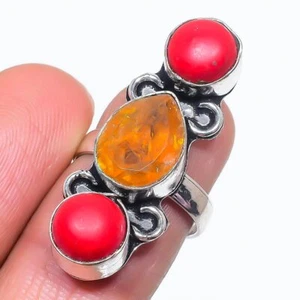 Natural Citrine, Coral Gemstone 925 Sterling Silver Jewelry Ring Size 7 Gift V76 - Picture 1 of 6