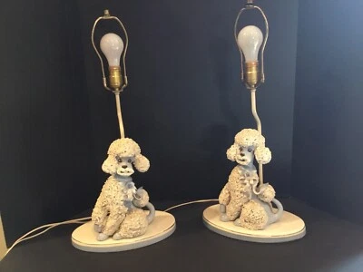 Par de lámparas de caniche francés de porcelana espagueti vintage MCM 1950 azul blanco Foto 1 de 4