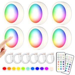 6Pcs Rechargeable RGB LED Puck Lights Closet Under Cabinet Lighting With Remote - Picture 1 of 7