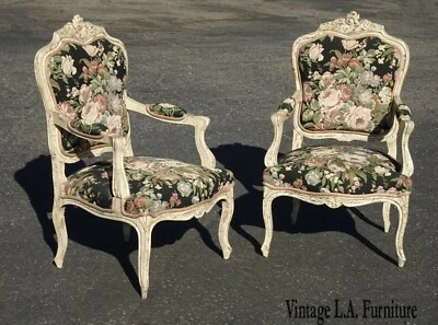 Pair Vintage French Louis XVI Floral Ornate Accent Arm Chairs White Crackle - Image 1 of 4