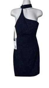 Jovani Navy Blue Metallic Sparkle Asymmetrical Choker Mini Dress Size 4 $440 - Picture 1 of 2