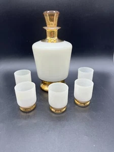 Retro 70’s Frosted Glass & Gold Decanter Set with 5 Glasses - Picture 1 of 18