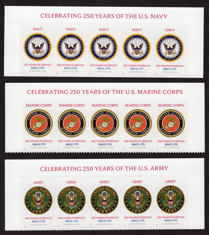 Scott #6010 6011 6012 US Military 250th Anniversary Strip of 5 Stamps - MNH - Image 1 of 1
