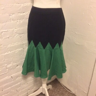 Kenzo Plisado Color Bloque Trompeta Falda Verde Negro Lana Talla Pequeña Foto 1 de 4