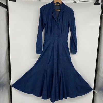 Vintage Denim Midi Dress Small 100" Flare Sweep Cowgirl Swing Dark Academia Boho - Image 1 of 4