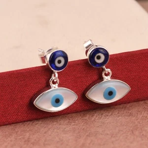 Silver Evil Eye Charm Lobe Hoop Earrings - Mother of Pearl - Blue Resin Jewelry - Picture 1 of 9