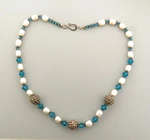 Fresh Water Pearl Blue Crystal Art Glass Bead Necklace 19" - Picture 1 of 5