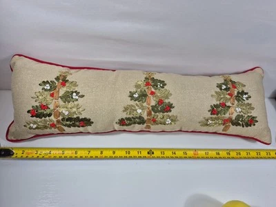 Christmas Tree Bolster Accent Pillow Ribbon Embroidery Gold Fabric Red Trim 23" - Image 1 of 4