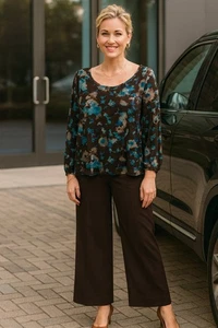 J Jill leichte Bluse Damen braun blau beige Blumenmuster Rundhals, Lg - Bild 1 von 8