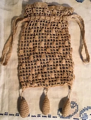 Vintage Crochet Ivory Cream Tie Victorian Edwardian Festival Coachella Bag Small - Image 1 of 4