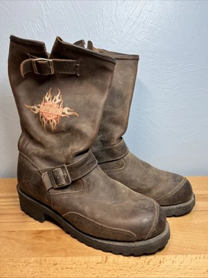 Botas de Ingeniero Harley-Davidson Motocicleta Hombre Cuero Marrón Llama Logo Talla 10 Foto 1 de 4