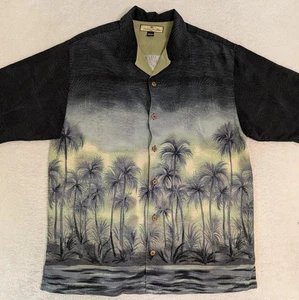 Tommy Bahama Palm Trees Border Water Print Black Silk Fabric Camp Shirt Size Sm - Picture 1 of 5